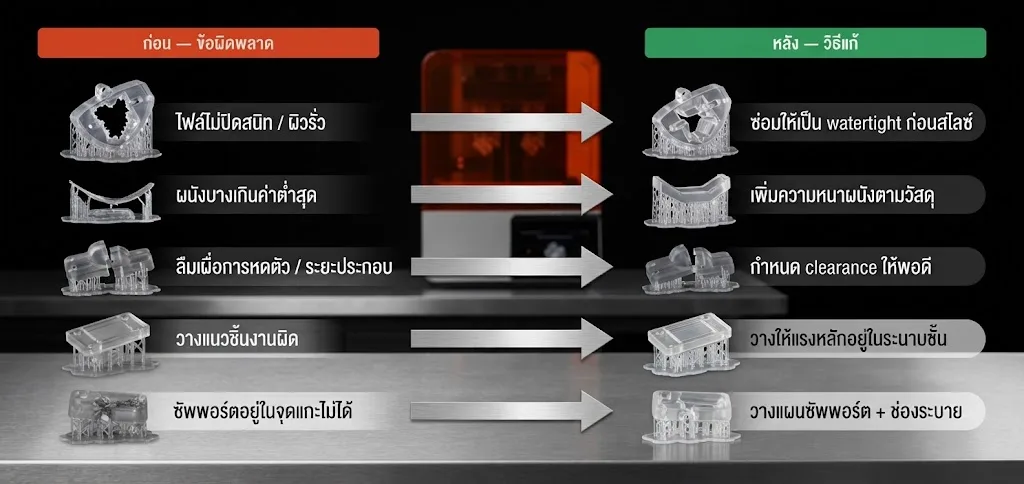 ตารางเปรียบเทียบข้อผิดพลาด 5 ข้อก่อนและหลังแก้ไขไฟล์พิมพ์ 3 มิติ