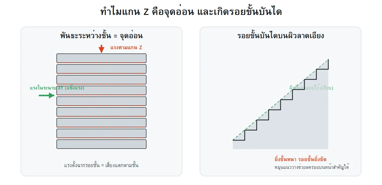 แผนภาพแสดงพันธะระหว่างชั้นในแกน Z และการเกิดรอยขั้นบันไดบนผิวลาดเอียง