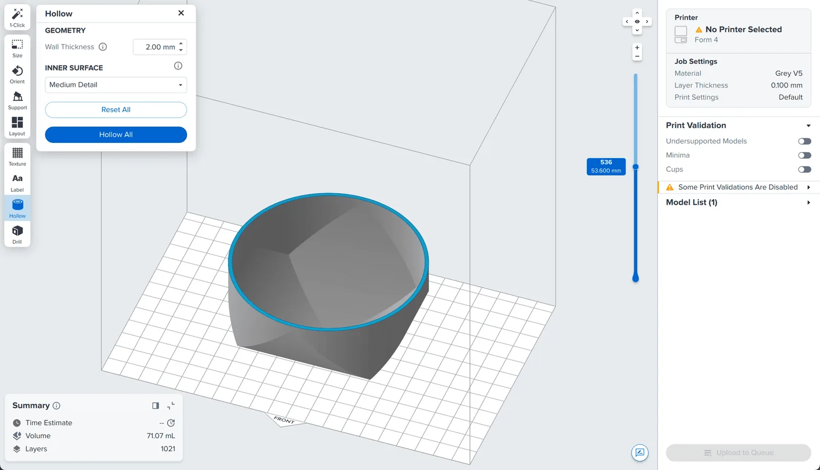 Cross-section of hollowed 3D model displaying a 2mm wall thickness shell