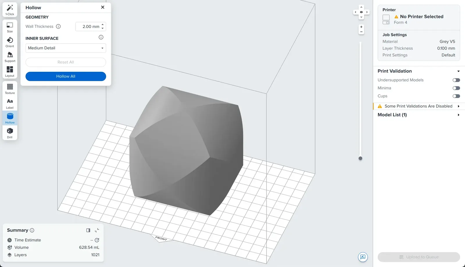 Solid 3D model geometry before hollowing in PreForm software