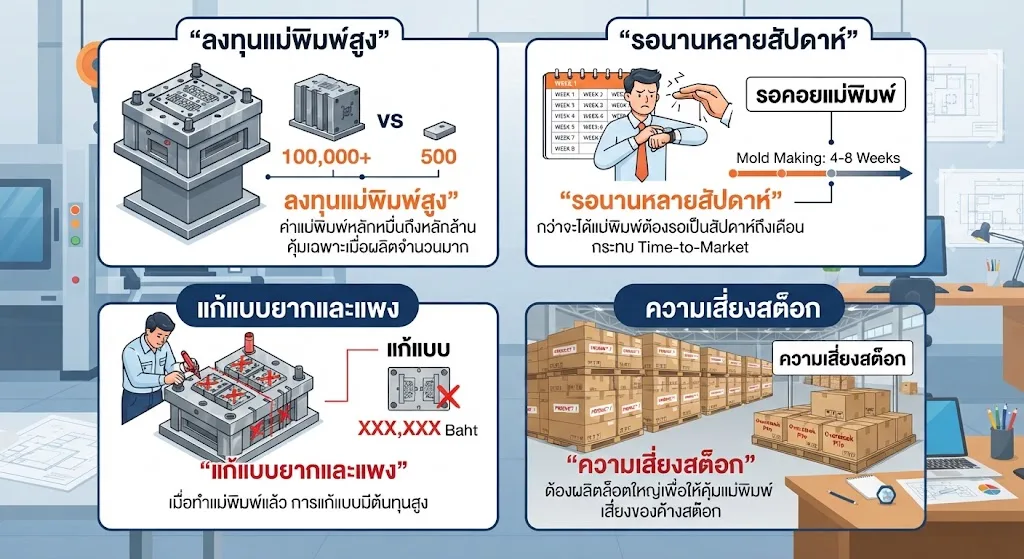 อินโฟกราฟิกแสดงข้อจำกัดของแม่พิมพ์ ทั้งต้นทุนสูง รอนาน แก้ยาก และเสี่ยงสต็อก