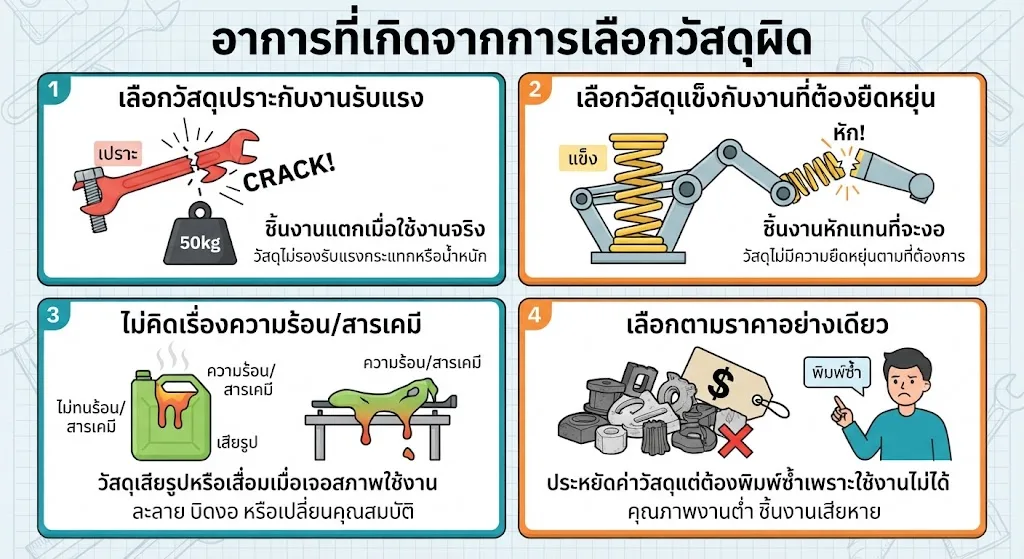 Infographic illustrating common failure modes from selecting the wrong 3D printing material