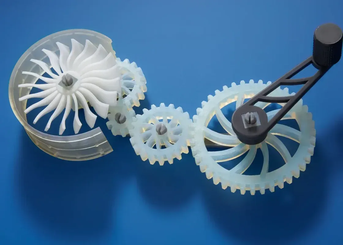 Functional gear mechanism 3D printed with tough engineering resin